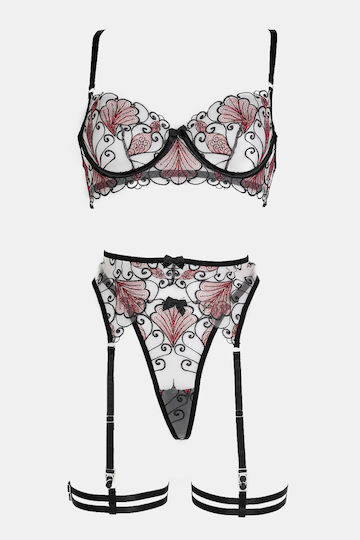 Decoro Set Sexy De Lenjerie Cu Transparență Și Jartiere Negre