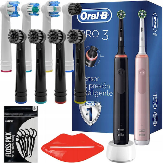 Oral-B Pro 3 Elektrische Zahnbürste 3900 N Schwarz+Pink Doppelpack + Köpfe