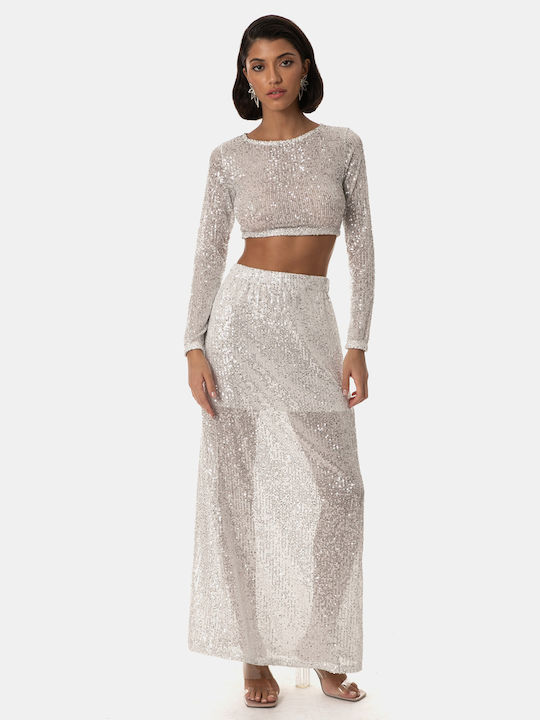 High-Waisted Sequin Skirt Silver