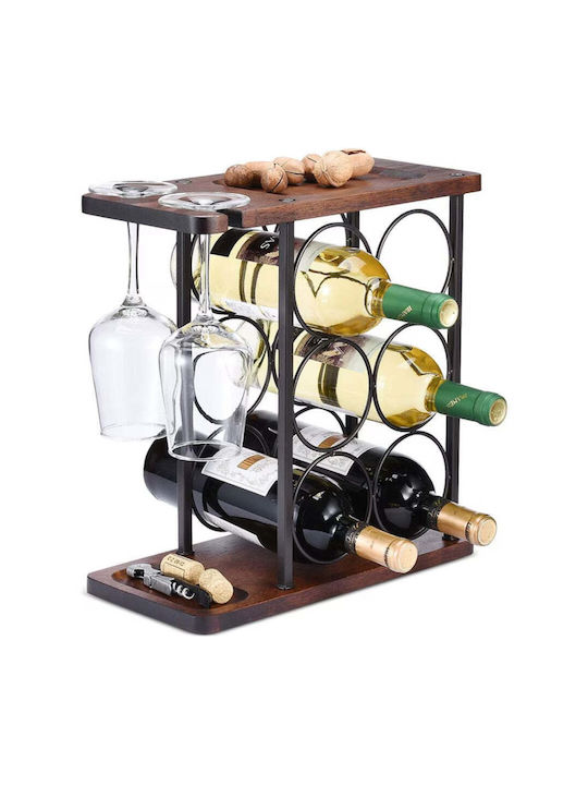 Suport pentru 6 Sticle de Vin 2 Pahare Oțel Lemn 34x16x35 Cm Negru-maro