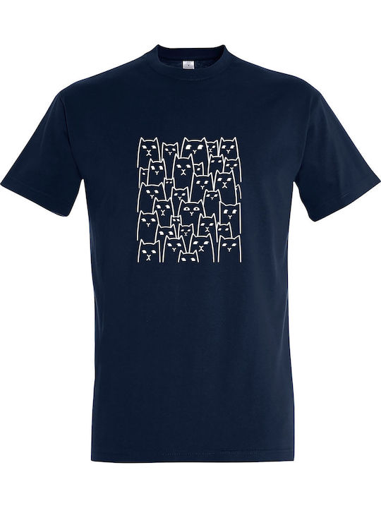 kirikoko Suspicious Cats T-shirt Navy Blue Cotton