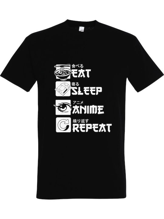 Eat Sleep Anime Repeat T-shirt Μαύρο Βαμβακερό