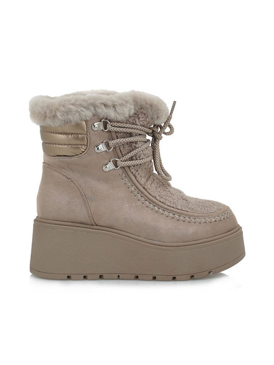 Exe Synthetic Leather Medium Heel Snow Boots with Laces / Zipper Brown