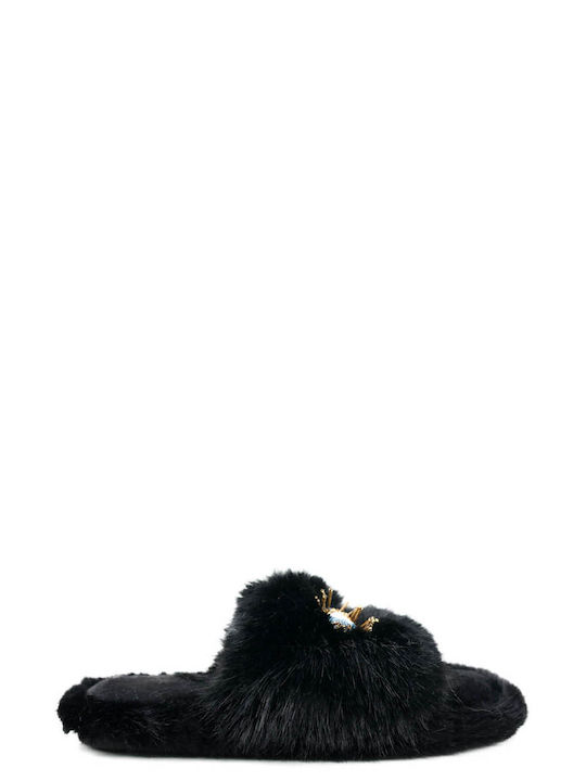 Black Fur Eye Design Slippers