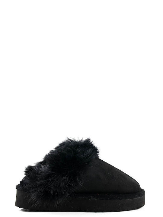 Black Winter Slippers with Fur Detail