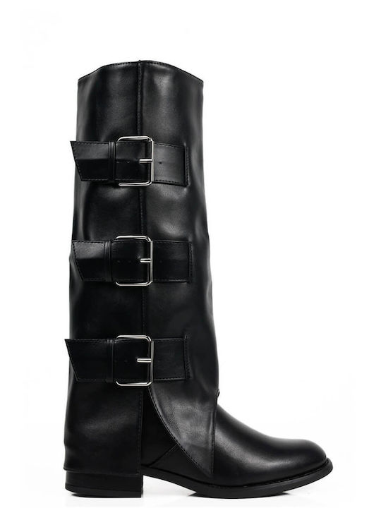 Black Boots Triple Buckle Low Heel