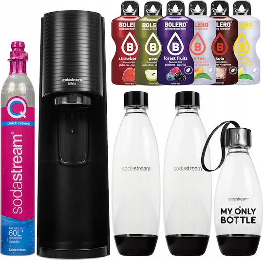 Soda Maker Sodastream Terra Black + 3 Bottles + Bolero Sticks Set 6 Flavors