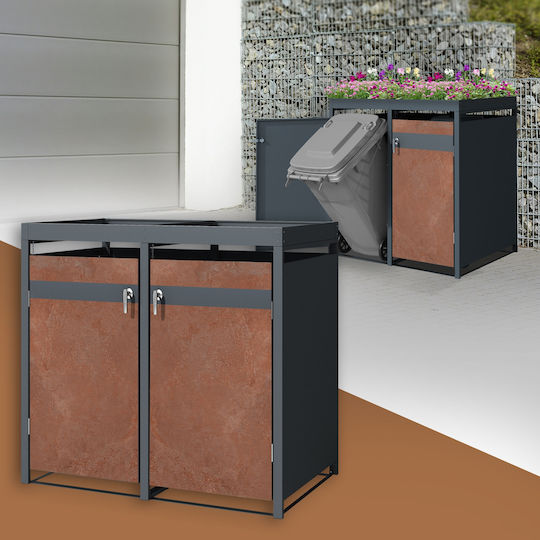 Coș de Gunoi cu Acoperiș cu Plante pentru 2 Coșuri de până la 240l 132x80x124 Cm Design din Oțel Aspect Ruginit