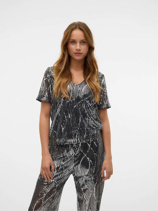Women's Blouse Short Sleeve with V Neckline Black