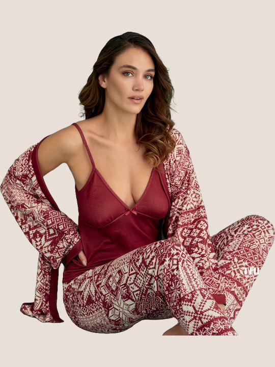 Mihra Set Pijamale pentru Femei Catifea Bordeaux