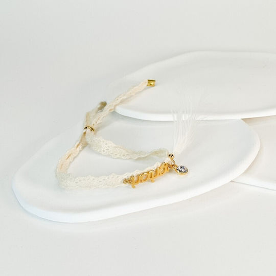 Christening Witness Bracelets Mom Godmother Ecru Lace Strass White Feathers Gold Details