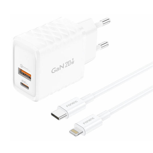 Foneng Φορτιστής GaN με Θύρα USB-A και Θύρα USB-C και Καλώδιο Lightning 20W Quick Charge 3.0 Λευκός (EU56)