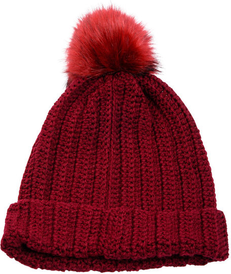 Pom Pom Beanie Frauen Beanie mit Rippstrick in Burgundisch Farbe