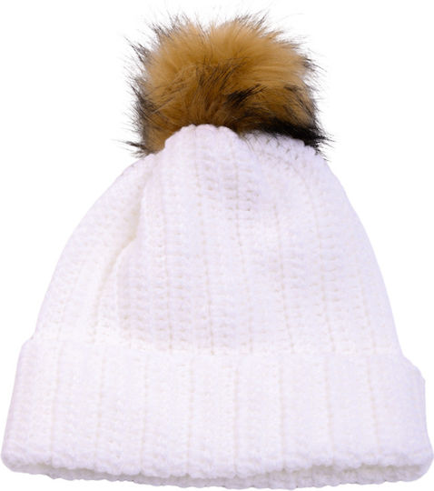 Pom Pom Beanie Beanie with Rib Knit in White color