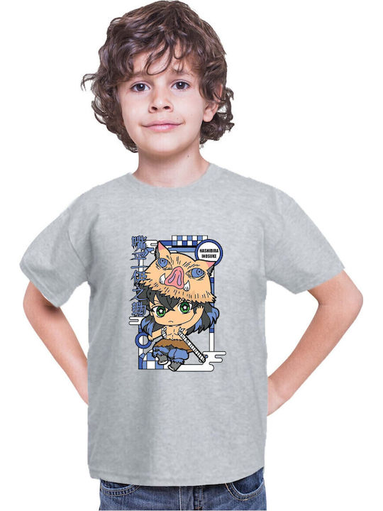 Kid T-shirt Demon Slayer Kimetsu No Yaiba Tralala Chibi Inosuke Hashibira Grey