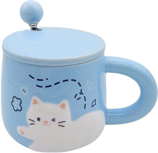 Ceramic Mug Lid Spoon Pufo Happy Kitty Coffee Tea 350 Ml Blue