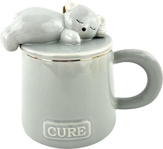 Ceramic Mug Lid Spoon Pufo Sleepy Bear Coffee Tea 320 Ml Gray