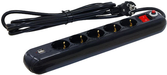 Extension Spacer Schuko X 5 Connection Via Schuko T Usb X 2 4.5 M Cable 16 A Max 3500w Surge Protection Black "pp-5-45b-usb" Green Stamp 0.18 Lei
