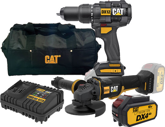 CAT COMBO-08 Σετ Γωνιακός Τροχός & Κρουστικό Δραπανοκατσάβιδο 18V με 2 Μπαταρίες 4Ah και Θήκη