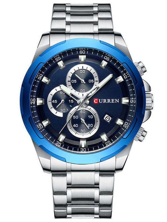 Curren Ανδρικό Ρολόι 47mm Χρονογράφος Μπαταρίας με Ασημί Μεταλλικό Μπρασελέ