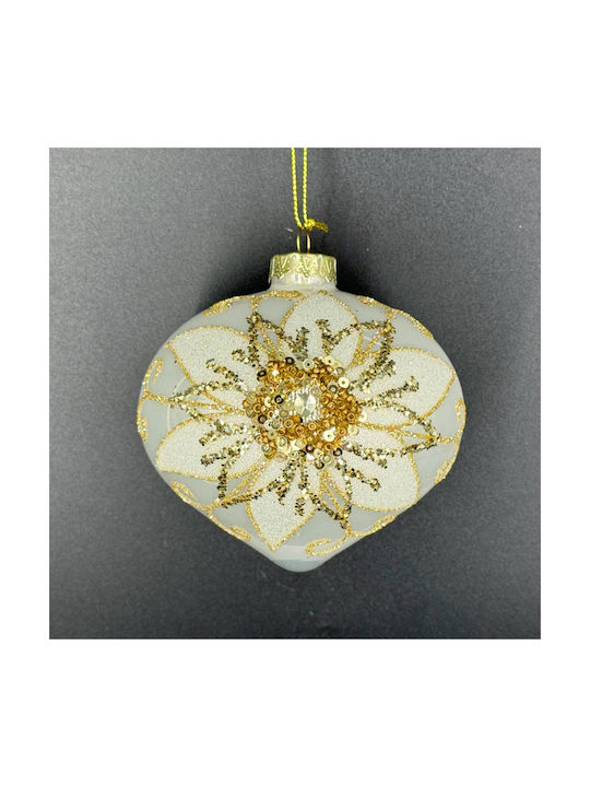 Hanging Flower Glass Christmas Tree Ornament White 10x11cm with Spangly