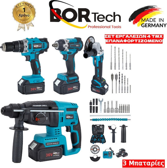 Homeone Bortech CT4 Set Roată unghiulară & Mașină de găurit & Șurubelniță & Mașină de găurit cu impact 36V cu 3 baterii 6Ah