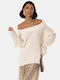 Elfenbeinfarbene Strickbluse mit schulterfreiem Schnitt