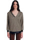 Women's Blouse Leather Long Sleeve with V Neckline Black