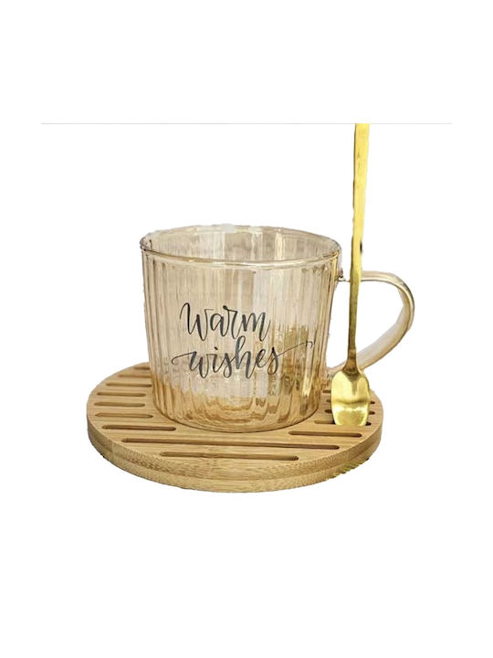 Cana de Sticlă Cu Suport Din Lemn De Bambus Pufo Warm Wishes Lingură Cafea Ceai 200 Ml