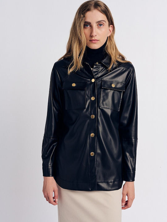 Women's Leather Long Sleeve Shirt Black