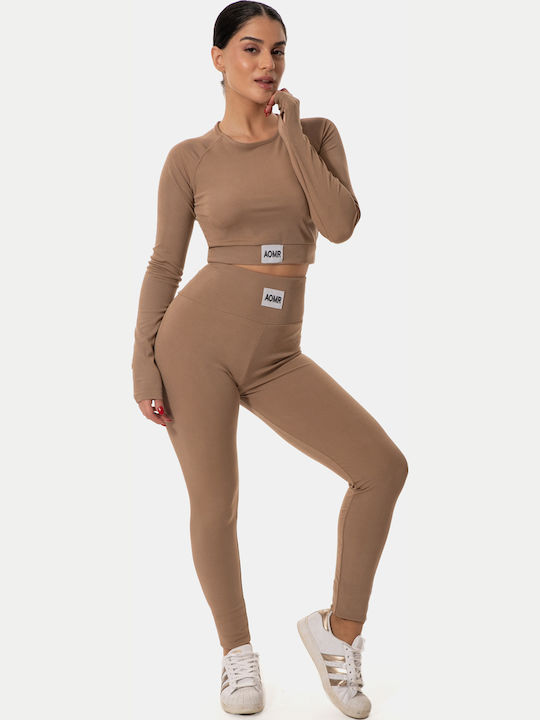 Αθλητικό Σετ Κολάν Crop Top Μακρυμάνικο Rib Μπεζ Μπεζ