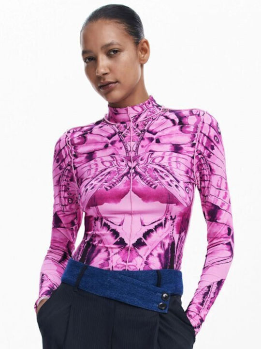 Desigual Women's Blouse Long Sleeve Turtleneck Pink