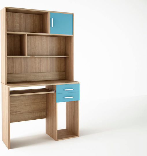 Birou Pentru Copii Cu Bibliotecă Din Melamină Stejar / Albastru Deschis 100x55x180cm