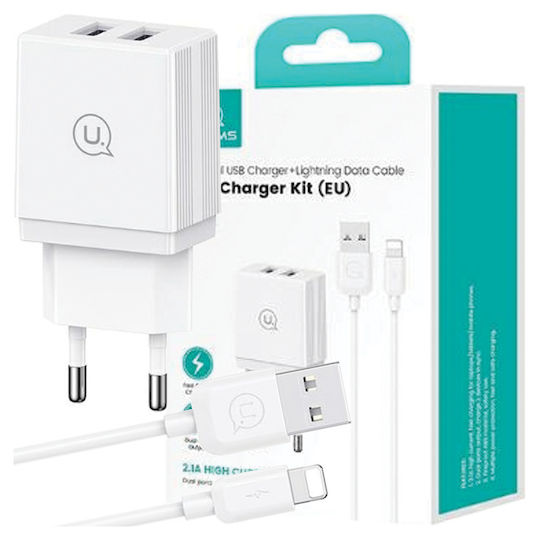 Usams Ladegerät mit 2 USB-A Anschlüsse und Kabel Blitzschlag 18W Weißs (HCXLTZ01)