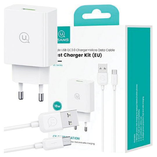 Usams Mobile Phone Charger with USB-A Output Ports and micro USB Cable 18W Quick Charge 3.0 White