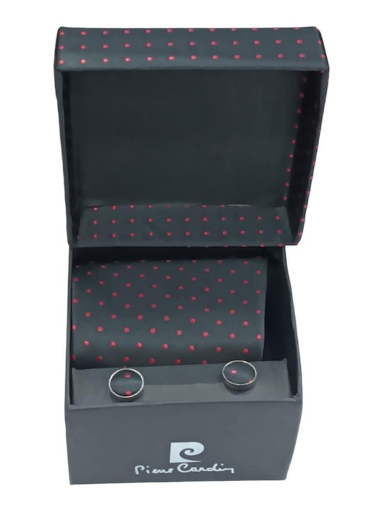 Pierre Cardin Geschenkset Satin Krawatte mit Polka Dots Manschettenknöpfe Schwarz 90249-150