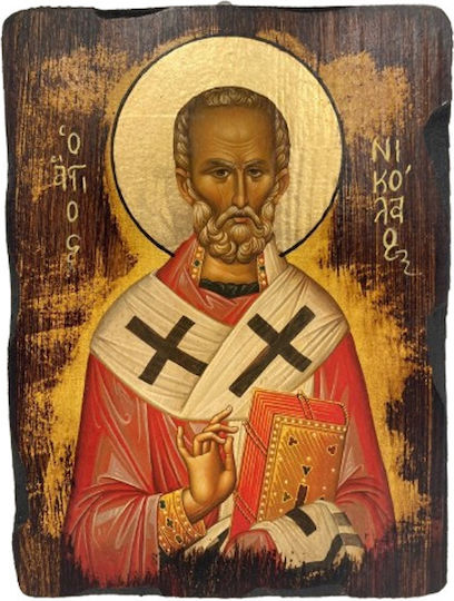 Saint Nicholas Fir Wood Handmade Aging Gold Leaf on Halo Dimension