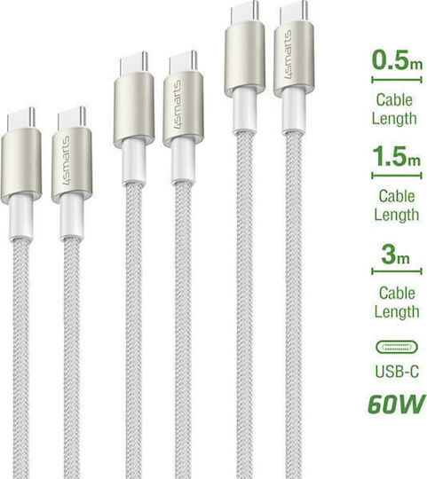 4smarts Type-c To Type-c Cables Premiumcord 60w Set 3 Pieces 0.5m+1.5m+3m White Silver