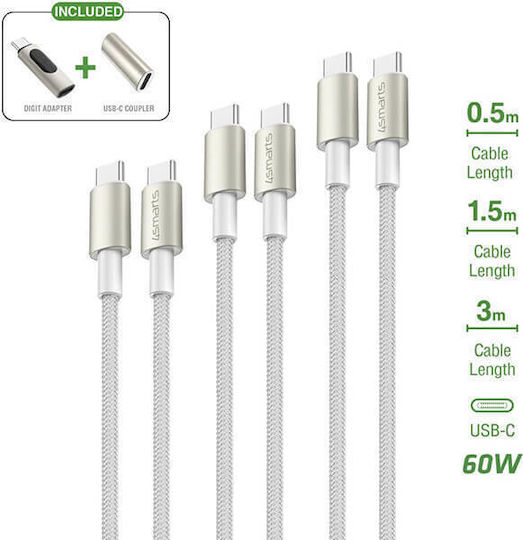 4smarts Type-c To Type-c Cables Premiumcord 60w Set 3 Pieces 0.5m+1.5m+3m + Digital Adapter