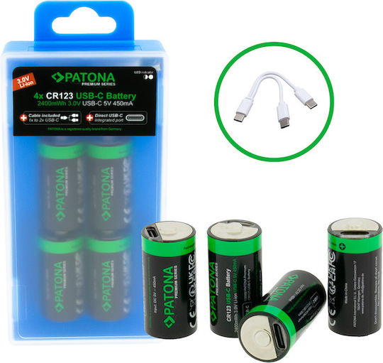 Επαναφορτιζόμενες Μπαταρίες Λιθιου Lithium Cr123 Usb-c Lithium 800mah Σετ 4 Τεμάχια Patona Premium