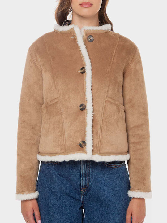 Caylin Women's Short Lifestyle Suede Jacket Double Sided for Winter Brown