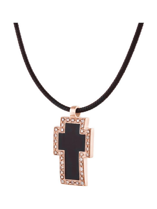 Very Gavello Ανδρικός Χρυσός Σταυρός 9Κ με Κορδόνι Tattoo Frame Pave