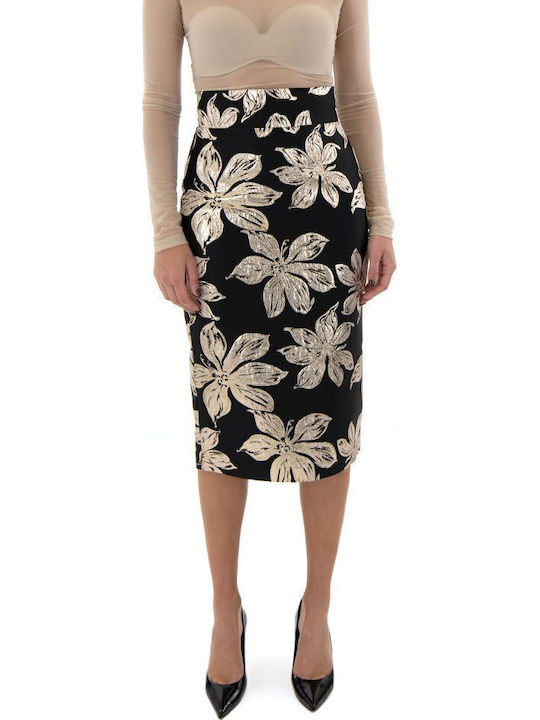 C. Manolo Bleistift Hochtailliert Midi Rock Blumen Black-Gold C. Manolo Bleistift Hochtailliert Midi Rock Blumen Black-Gold
