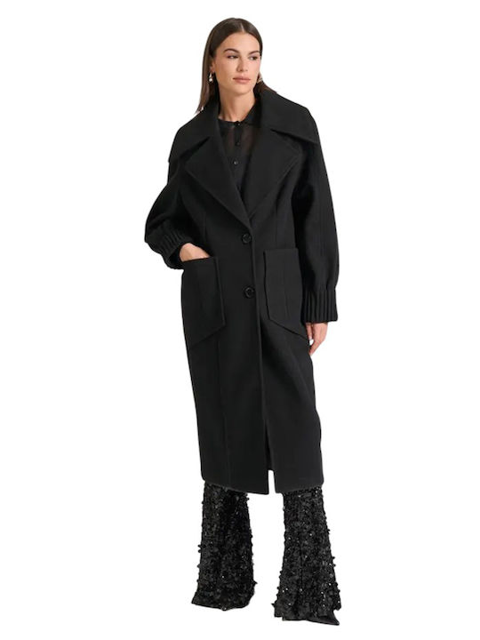 Funky Buddha Women's Black Coat with Buttons