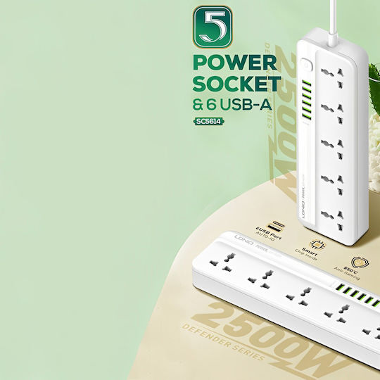 Bandă de alimentare Securitate 5 Prize cu 6 USB-A, Comutator și Cablu 2m