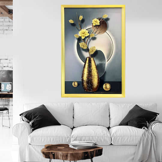 Tablou cu Ramă Aurie Design Flori Galbene în Vază Pietre Reliefate Tip Diamant 60.5x41x2.5cm
