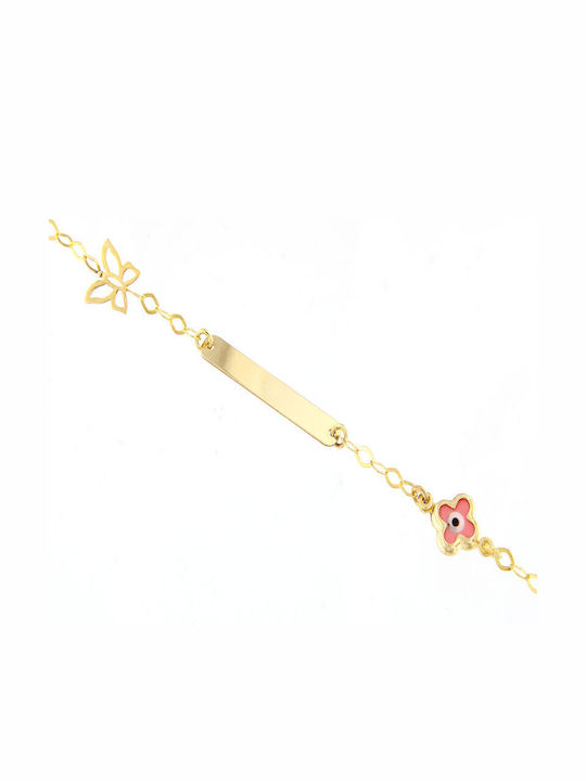 Ios Kids Bracelet ID from Gold 9K with Butterfly, Evil Eye, Stones, Σταυρό & Heart