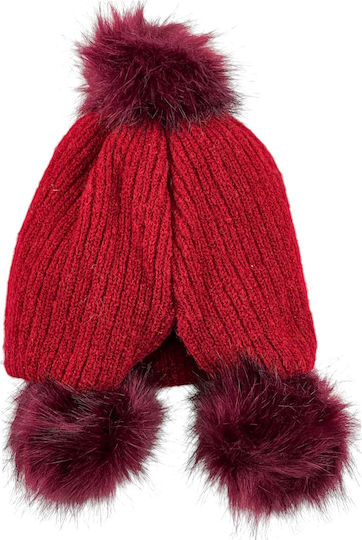 Pom Pom Beanie Γυναικείος Σκούφος Πλεκτός σε Μπορντό χρώμα