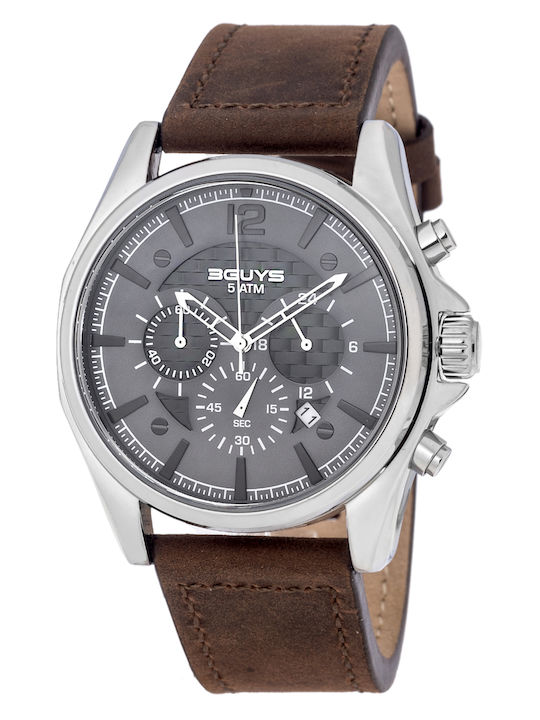 3Guys Men's Watch Chronograph Battery with Brown Leather Strap