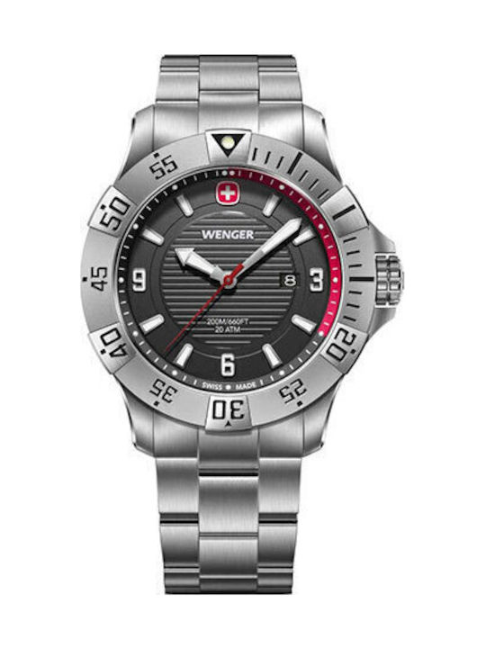 Wenger Herrenuhr 43 mm mit Quarzwerk und silber...
